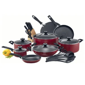25 piece aluminium non stick coating durable design non slip ergonomic handle kitchen cookware set includes 1x cookware (20 cm), 1x casserole with glass lid (24 cm), 1x casserole with glass lid (30 cm), 1x casserole with glass lid (28 cm), 1x wok with glass lid (14 cm), 1x saucepan with glass lid (30 cm), 1x concave tawa (20 cm), 1x fry pan (26 cm), 4x fry pan, 5x tool set, 7x knife with holder set red